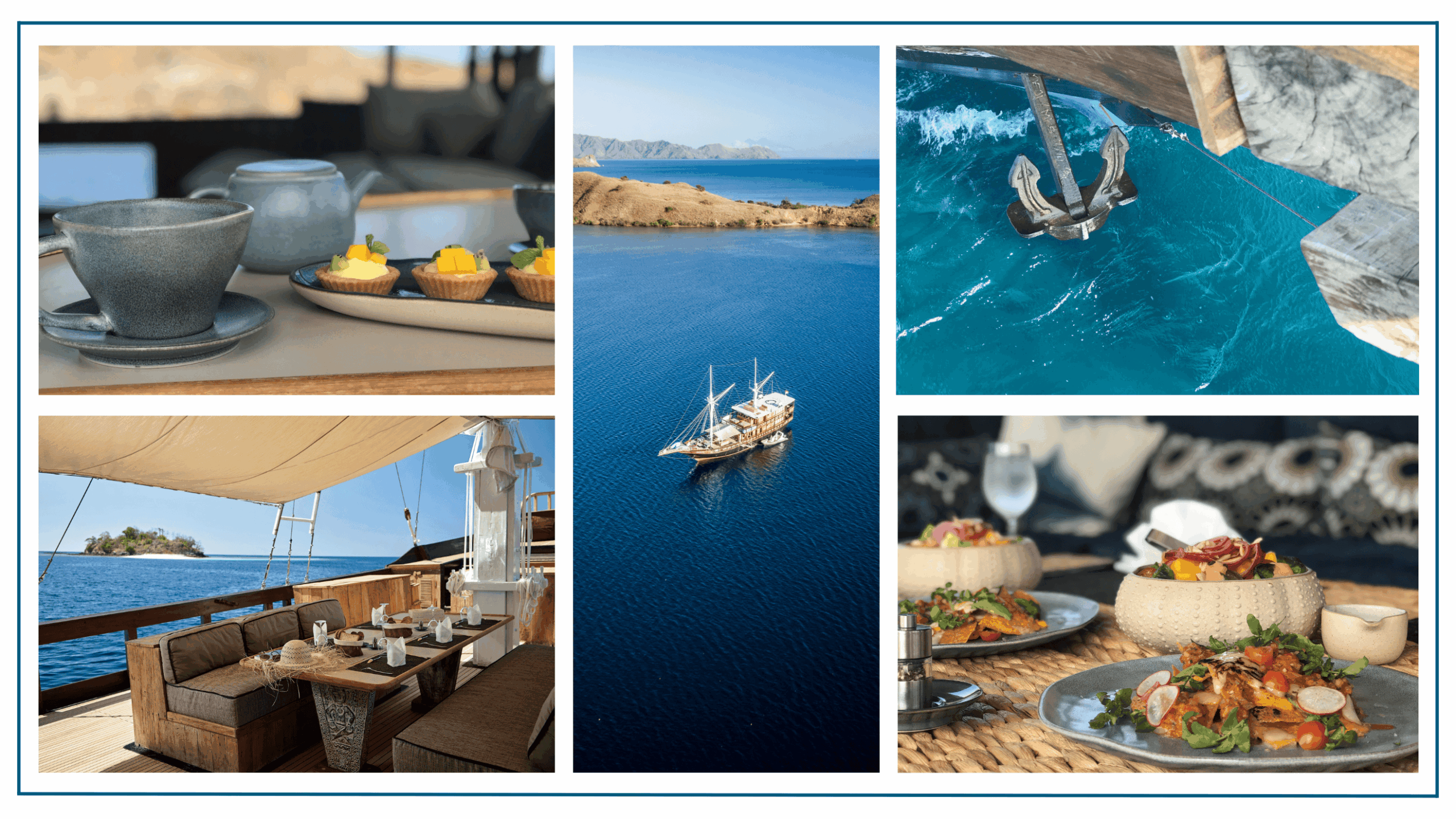 Collage of The Oracle Yacht luxury liveaboard experience in Indonesia, featuring gourmet dining, phinisi sailing, anchor drop, elegant teak deck, and curated cuisine served onboard.